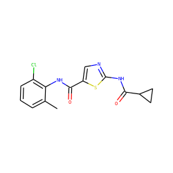 Cc1cccc(Cl)c1NC(=O)c1cnc(NC(=O)C2CC2)s1 ZINC000013587441