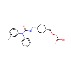 Cc1cccc(N(C(=O)NC[C@H]2CC[C@H](COCC(=O)O)CC2)c2ccccc2)c1 ZINC001772618188