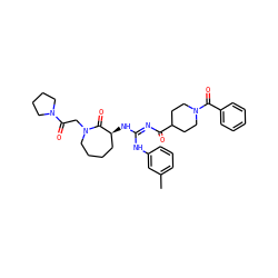Cc1cccc(N/C(=N\C(=O)C2CCN(C(=O)c3ccccc3)CC2)N[C@H]2CCCCN(CC(=O)N3CCCC3)C2=O)c1 ZINC000042834492
