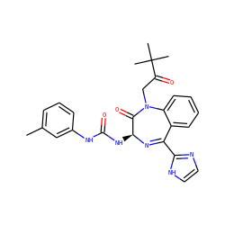 Cc1cccc(NC(=O)N[C@@H]2N=C(c3ncc[nH]3)c3ccccc3N(CC(=O)C(C)(C)C)C2=O)c1 ZINC000027656685