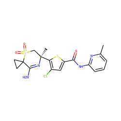 Cc1cccc(NC(=O)c2cc(Cl)c([C@]3(C)CS(=O)(=O)C4(CC4)C(N)=N3)s2)n1 ZINC000217747865