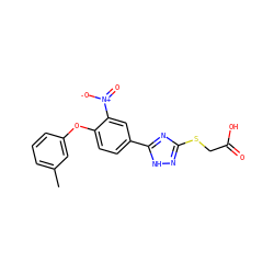 Cc1cccc(Oc2ccc(-c3nc(SCC(=O)O)n[nH]3)cc2[N+](=O)[O-])c1 ZINC000205445813