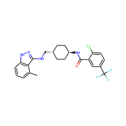 Cc1cccc2[nH]nc(NC[C@H]3CC[C@H](NC(=O)c4cc(C(F)(F)F)ccc4Cl)CC3)c12 ZINC000261176566