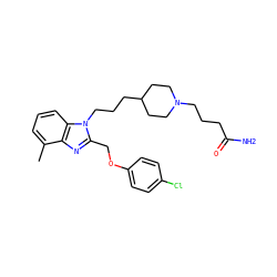 Cc1cccc2c1nc(COc1ccc(Cl)cc1)n2CCCC1CCN(CCCC(N)=O)CC1 ZINC000027526306