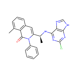 Cc1cccc2cc([C@H](C)Nc3nc(Cl)nc4[nH]cnc34)n(-c3ccccc3)c(=O)c12 ZINC000088345870