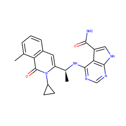 Cc1cccc2cc([C@H](C)Nc3ncnc4[nH]cc(C(N)=O)c34)n(C3CC3)c(=O)c12 ZINC000088346176
