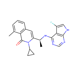 Cc1cccc2cc([C@H](C)Nc3ncnc4[nH]cc(F)c34)n(C3CC3)c(=O)c12 ZINC000088346142