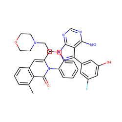 Cc1cccc2cc(Cn3nc(-c4cc(O)cc(F)c4)c4c(N)ncnc43)n(-c3ccccc3OCCN3CCOCC3)c(=O)c12 ZINC000088346130
