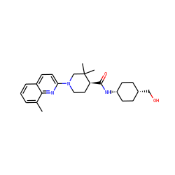 Cc1cccc2ccc(N3CC[C@H](C(=O)N[C@H]4CC[C@@H](CO)CC4)C(C)(C)C3)nc12 ZINC001772600465