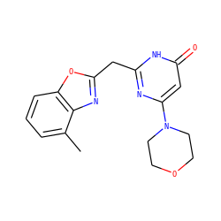 Cc1cccc2oc(Cc3nc(N4CCOCC4)cc(=O)[nH]3)nc12 ZINC000084758370