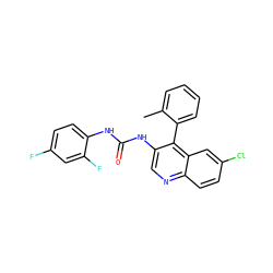 Cc1ccccc1-c1c(NC(=O)Nc2ccc(F)cc2F)cnc2ccc(Cl)cc12 ZINC000003803526