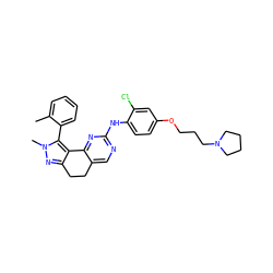Cc1ccccc1-c1c2c(nn1C)CCc1cnc(Nc3ccc(OCCCN4CCCC4)cc3Cl)nc1-2 ZINC000169702507