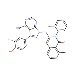 Cc1ccccc1-n1c(Cn2nc(-c3ccc(O)c(F)c3)c3c(N)ncnc32)cc2cccc(C)c2c1=O ZINC000145965496