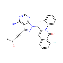 Cc1ccccc1-n1c(Cn2nc(C#C[C@@H](C)O)c3c(N)ncnc32)cc2cccc(F)c2c1=O ZINC000088345816