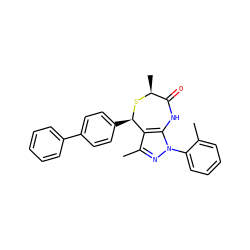 Cc1ccccc1-n1nc(C)c2c1NC(=O)[C@H](C)S[C@@H]2c1ccc(-c2ccccc2)cc1 ZINC000084672018