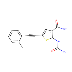 Cc1ccccc1C#Cc1cc(C(N)=O)c(NC(N)=O)s1 ZINC000028524673