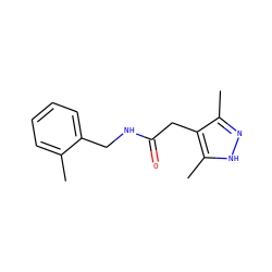 Cc1ccccc1CNC(=O)Cc1c(C)n[nH]c1C ZINC000015769323