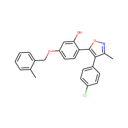 Cc1ccccc1COc1ccc(-c2onc(C)c2-c2ccc(Cl)cc2)c(O)c1 ZINC000005483711