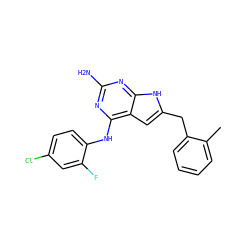Cc1ccccc1Cc1cc2c(Nc3ccc(Cl)cc3F)nc(N)nc2[nH]1 ZINC000082151378