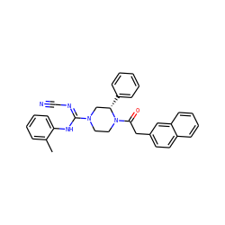 Cc1ccccc1N/C(=N\C#N)N1CCN(C(=O)Cc2ccc3ccccc3c2)[C@@H](c2ccccc2)C1 ZINC000029129107