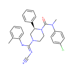 Cc1ccccc1N/C(=N\C#N)N1CCN(C(=O)N(C)c2ccc(Cl)cc2)[C@H](c2ccccc2)C1 ZINC000040933959