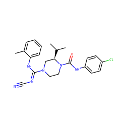 Cc1ccccc1N/C(=N\C#N)N1CCN(C(=O)Nc2ccc(Cl)cc2)[C@H](C(C)C)C1 ZINC000040935002
