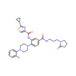 Cc1ccccc1N1CCN(c2ccc(C(=O)NCCCN3CCCC3=O)cc2NC(=O)c2coc(C3CC3)n2)CC1 ZINC000144347048