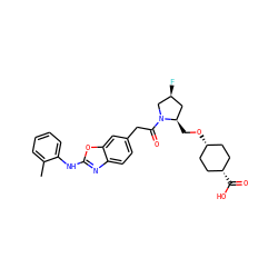 Cc1ccccc1Nc1nc2ccc(CC(=O)N3C[C@@H](F)C[C@H]3CO[C@H]3CC[C@@H](C(=O)O)CC3)cc2o1 ZINC000101191445