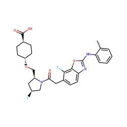 Cc1ccccc1Nc1nc2ccc(CC(=O)N3C[C@@H](F)C[C@H]3CO[C@H]3CC[C@H](C(=O)O)CC3)c(F)c2o1 ZINC000261156247