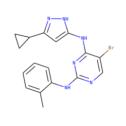 Cc1ccccc1Nc1ncc(Br)c(Nc2cc(C3CC3)n[nH]2)n1 ZINC000035878401