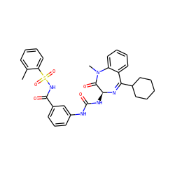 Cc1ccccc1S(=O)(=O)NC(=O)c1cccc(NC(=O)N[C@@H]2N=C(C3CCCCC3)c3ccccc3N(C)C2=O)c1 ZINC000003938980