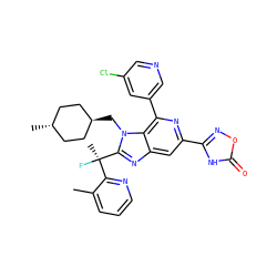 Cc1cccnc1[C@@](C)(F)c1nc2cc(-c3noc(=O)[nH]3)nc(-c3cncc(Cl)c3)c2n1C[C@H]1CC[C@H](C)CC1 ZINC000261130567