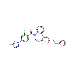 Cc1ccn(-c2ccc(C(=O)N3CCC(F)(F)/C(=C\C(=O)NCc4ccco4)c4ccccc43)c(Cl)c2)n1 ZINC000049853735