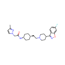 Cc1ccn(CC(=O)N[C@H]2CC[C@H](CCN3CCC(c4noc5cc(F)ccc45)CC3)CC2)n1 ZINC001772592434