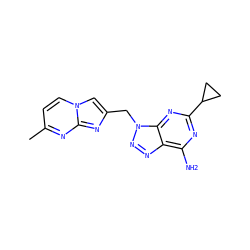 Cc1ccn2cc(Cn3nnc4c(N)nc(C5CC5)nc43)nc2n1 ZINC000084690963