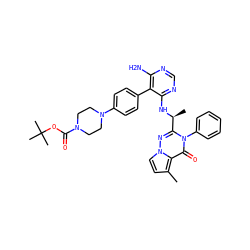 Cc1ccn2nc([C@H](C)Nc3ncnc(N)c3-c3ccc(N4CCN(C(=O)OC(C)(C)C)CC4)cc3)n(-c3ccccc3)c(=O)c12 ZINC000224325747