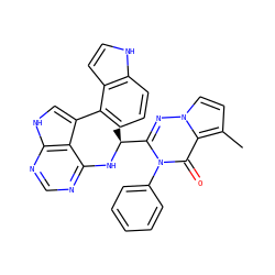 Cc1ccn2nc([C@H](C)Nc3ncnc4[nH]cc(-c5cccc6[nH]ccc56)c34)n(-c3ccccc3)c(=O)c12 ZINC000208989245
