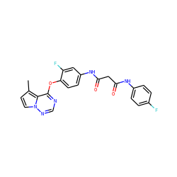 Cc1ccn2ncnc(Oc3ccc(NC(=O)CC(=O)Nc4ccc(F)cc4)cc3F)c12 ZINC000029040590