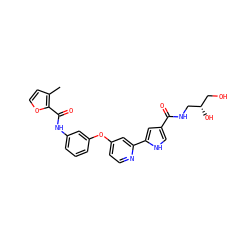Cc1ccoc1C(=O)Nc1cccc(Oc2ccnc(-c3cc(C(=O)NC[C@@H](O)CO)c[nH]3)c2)c1 ZINC000116235548