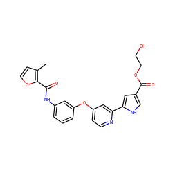 Cc1ccoc1C(=O)Nc1cccc(Oc2ccnc(-c3cc(C(=O)OCCO)c[nH]3)c2)c1 ZINC000116236045