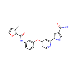 Cc1ccoc1C(=O)Nc1cccc(Oc2ccnc(-c3cc(C(N)=O)c[nH]3)c2)c1 ZINC000116235763