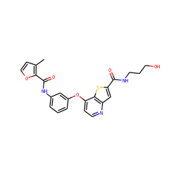 Cc1ccoc1C(=O)Nc1cccc(Oc2ccnc3cc(C(=O)NCCCO)sc23)c1 ZINC000219987443