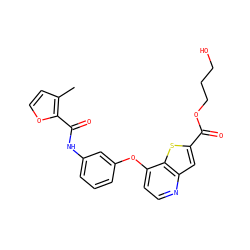 Cc1ccoc1C(=O)Nc1cccc(Oc2ccnc3cc(C(=O)OCCCO)sc23)c1 ZINC000219987735