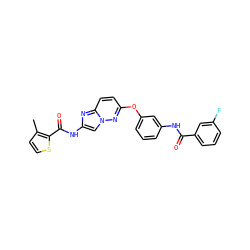 Cc1ccsc1C(=O)Nc1cn2nc(Oc3cccc(NC(=O)c4cccc(F)c4)c3)ccc2n1 ZINC000095601878