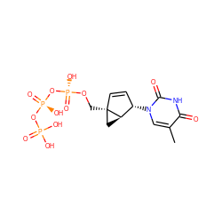 Cc1cn([C@H]2C=C[C@]3(CO[P@](=O)(O)O[P@](=O)(O)OP(=O)(O)O)C[C@H]23)c(=O)[nH]c1=O ZINC000032089580