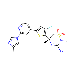 Cc1cn(-c2cc(-c3cc(F)c([C@]4(C)CS(=O)(=O)N(C)C(N)=N4)s3)ccn2)cn1 ZINC000219608096