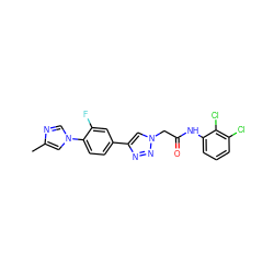Cc1cn(-c2ccc(-c3cn(CC(=O)Nc4cccc(Cl)c4Cl)nn3)cc2F)cn1 ZINC001772628208