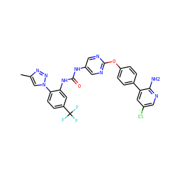 Cc1cn(-c2ccc(C(F)(F)F)cc2NC(=O)Nc2cnc(Oc3ccc(-c4cc(Cl)cnc4N)cc3)nc2)nn1 ZINC000221087252