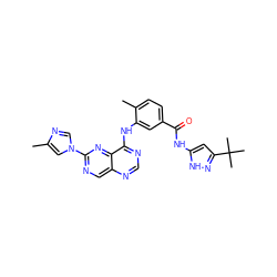 Cc1cn(-c2ncc3ncnc(Nc4cc(C(=O)Nc5cc(C(C)(C)C)n[nH]5)ccc4C)c3n2)cn1 ZINC000148375611