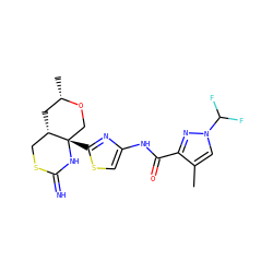 Cc1cn(C(F)F)nc1C(=O)Nc1csc([C@]23CO[C@@H](C)C[C@H]2CSC(=N)N3)n1 ZINC001772642386